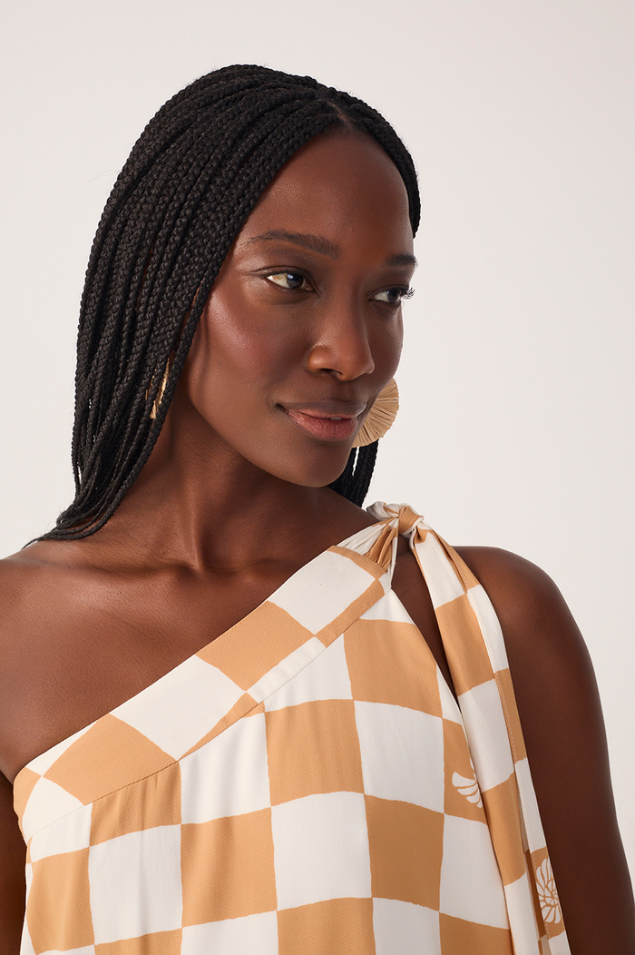 Brown Concha Plaid One-Shoulder Tie Maxi Dress_5