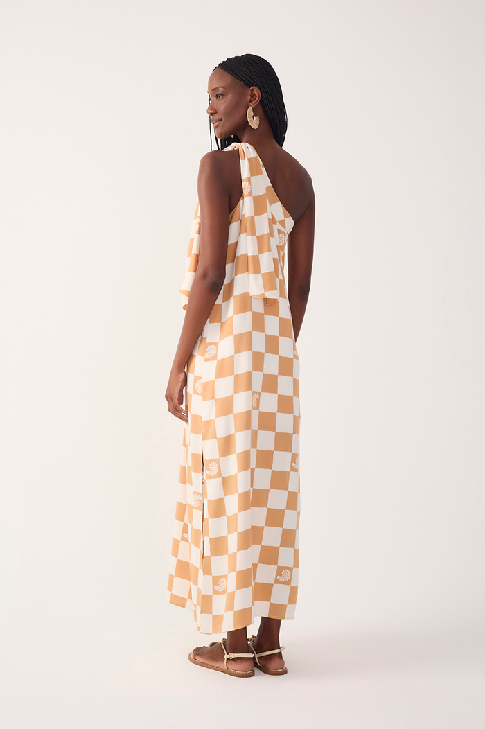 Brown Concha Plaid One-Shoulder Tie Maxi Dress_6