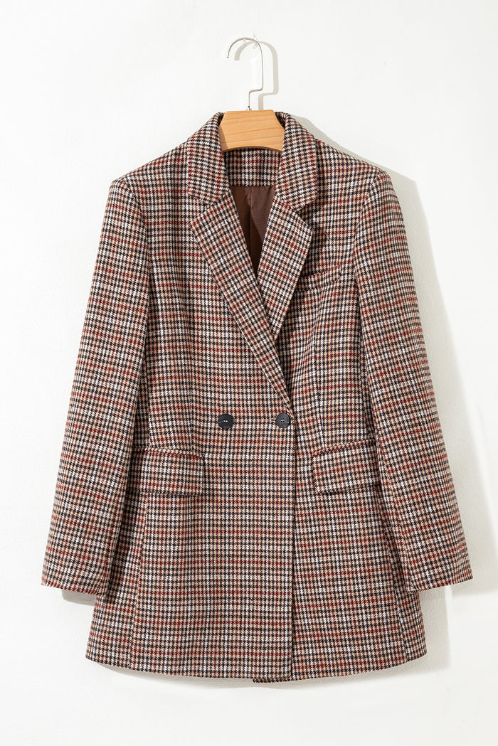 Brown Houndstooth Lapel Collar Blazer