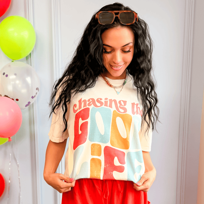 model wearing Chasing The Good Life Tee