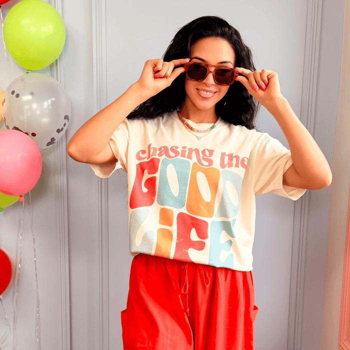 model wearing Chasing The Good Life Tee