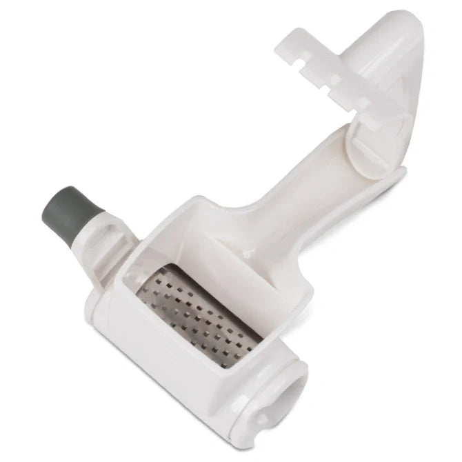 White handheld vegetable grater on a white background