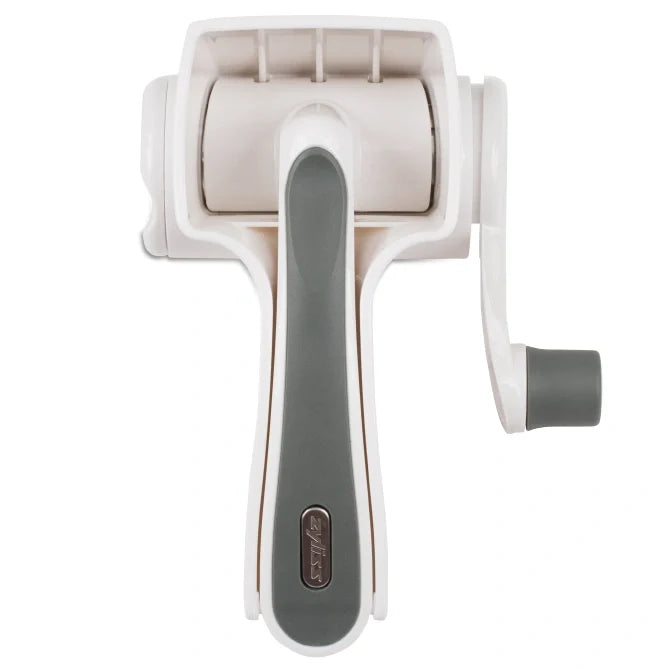 White and gray food grater with a gray handle on a white background