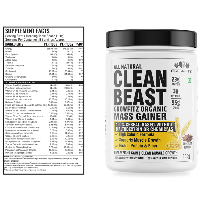 Clean Beast Mass Gainer | 23g Protein, 3g Creatine & 95g Carbs | 100% Cereal Based | 500g