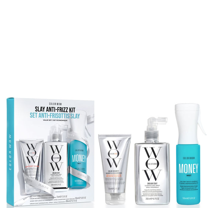 Color Wow Slay Anti-Frizz Kit for hair styling, featuring smoothing and anti-frizz products in a sleek package.