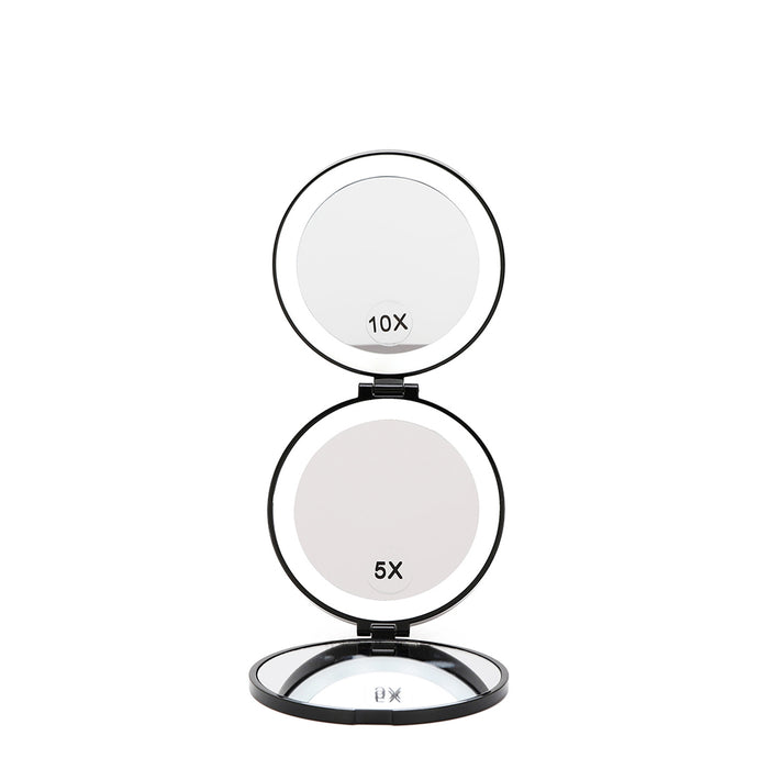 TRIFOLD INTERIOR MIRRORS RANGING FROM 1X, 5X, AND 10X MAGNIFICATION WITH LED LIGHTING.