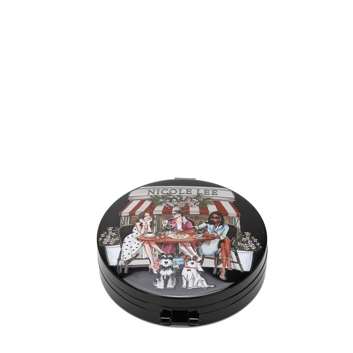 ROUND COMPACT MIRROR WITH OUR SISTERS SECRET DESIGN.