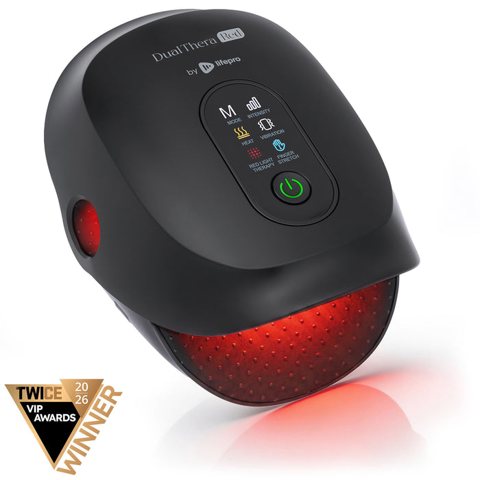 Black DualThera Red hand massager, angled view, showing its control panel and glowing red light therapy dome, with a TWICE VIP Awards Winner badge.