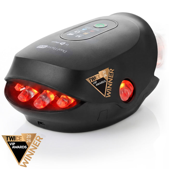 Front view of the black DualThera Red massager with four finger slots and a thumb slot glowing red, TWICE VIP Awards Winner badge.