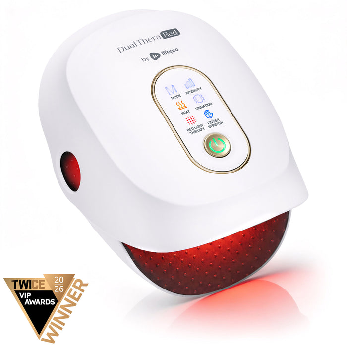 White DualThera Red hand massager, angled view, showing its control panel and glowing red light therapy dome, with a TWICE VIP Awards Winner badge.