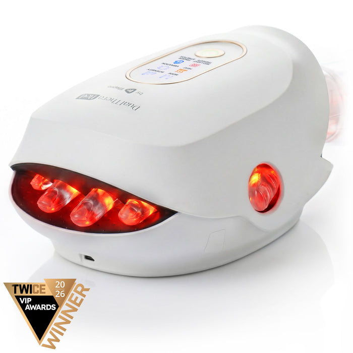 Front view of the white DualThera Red massager with four finger slots and a thumb slot glowing red, TWICE VIP Awards Winner badge.
