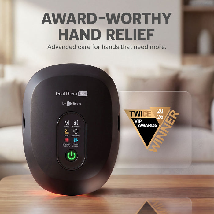 "Award-Worthy Hand Relief" graphic showing the black DualThera Red device on a coffee table in a living room, with a TWICE VIP Awards Winner badge.