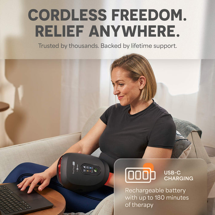 "Cordless Freedom. Relief Anywhere." graphic of a woman using the device on her forearm while working on a laptop, with a USB-C rechargeable battery callout noting up to 180 minutes of therapy.