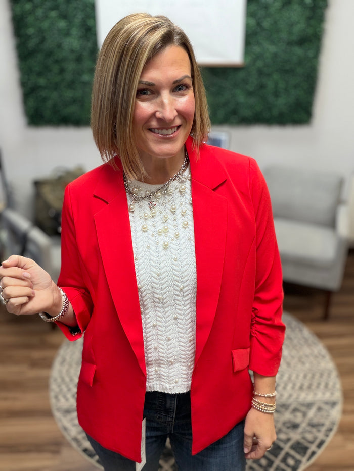 Eco-Friendly Recycled Poly Shirred Sleeve Blazer - True Red