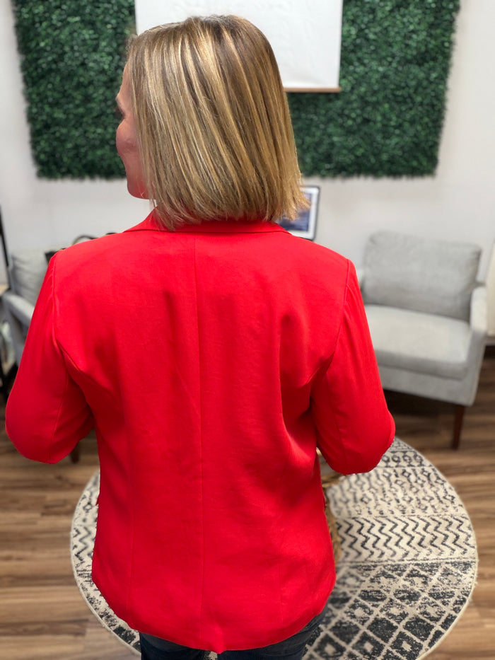 Eco-Friendly Recycled Poly Shirred Sleeve Blazer - True Red