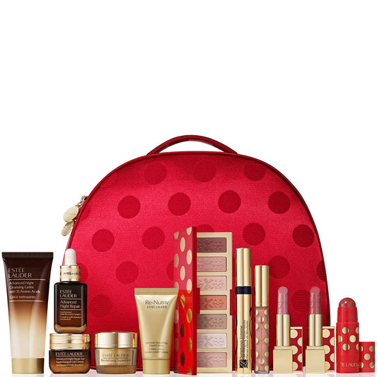 Estée Lauder Blockbuster Skin Care Set featuring various moisturizer, serum, and skincare products in elegant packaging.