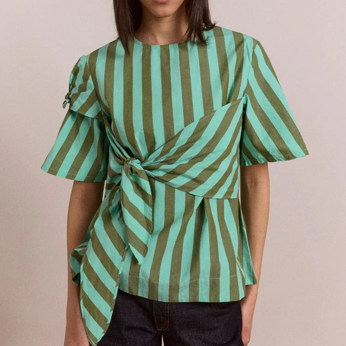 Estelle T-Shirt Blouse in Aqua Olive Stripe