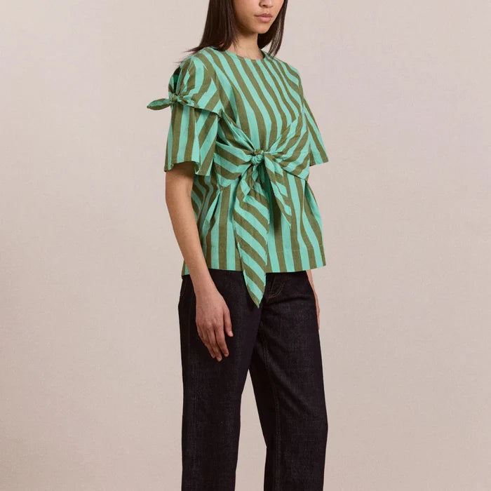 Estelle T-Shirt Blouse in Aqua Olive Stripe