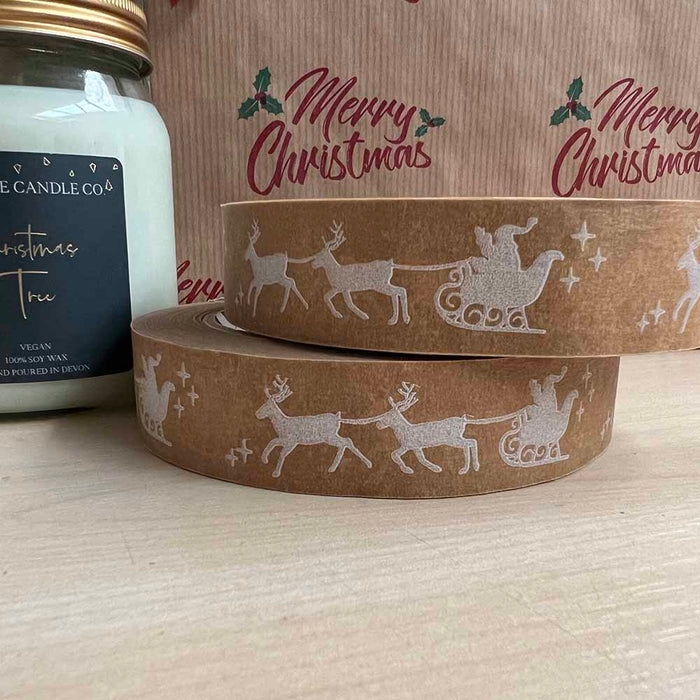 Sleigh White Print Festive Biodegradable Paper Tape 24mm x 50m &Keep
