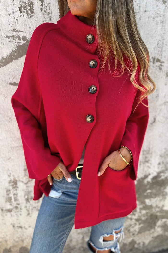 Fiery Red Collared Button Front Wrapped Cardigan Jacket