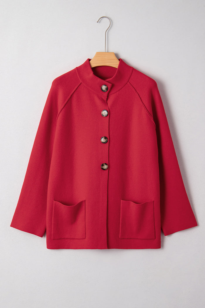 Fiery Red Collared Button Front Wrapped Cardigan Jacket