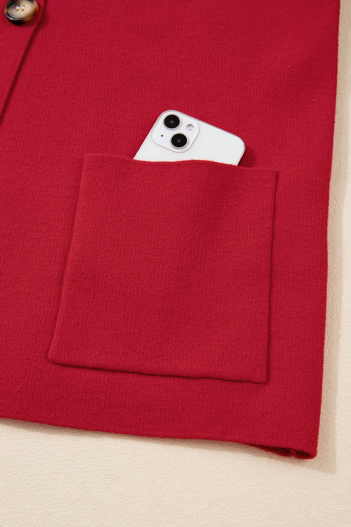 Fiery Red Collared Button Front Wrapped Cardigan Jacket