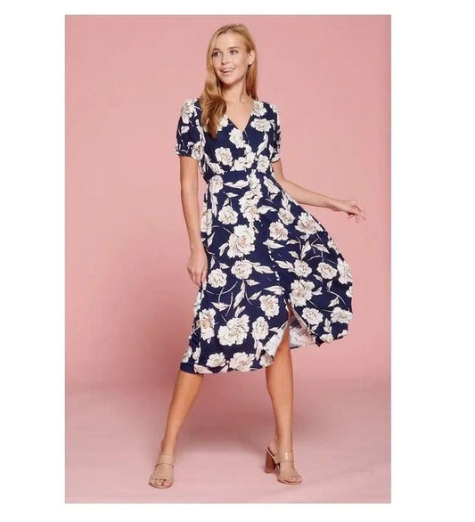 Floral Print Midi Dress With Button Detail - BTK COLLECTIONS