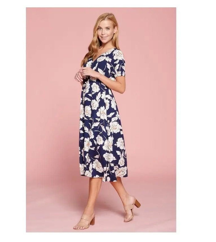 Floral Print Midi Dress With Button Detail - BTK COLLECTIONS