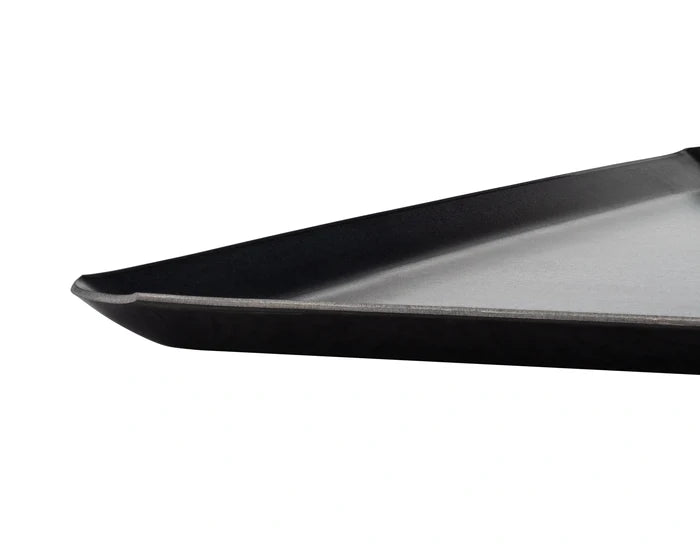 Black half sheet pan corner showing  raised edges on a white background.