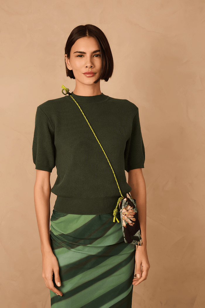 Green Short Sleeve Crew Neck Tricot Blouse_1