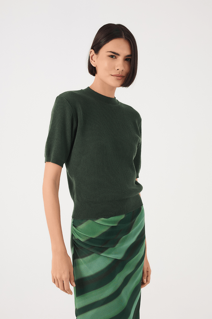 Green Short Sleeve Crew Neck Tricot Blouse_3