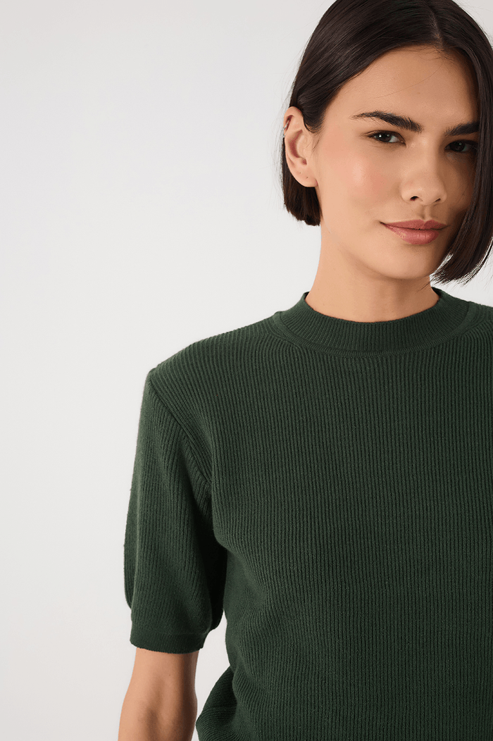Green Short Sleeve Crew Neck Tricot Blouse_5