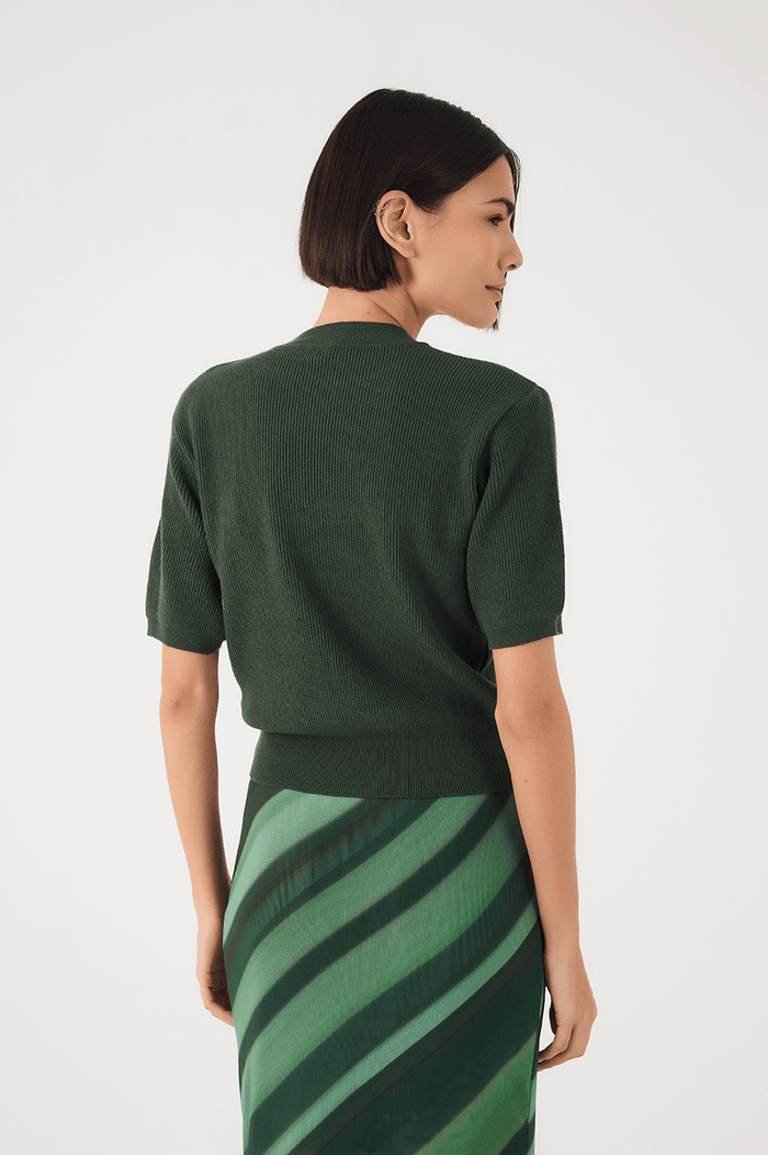 Green Short Sleeve Crew Neck Tricot Blouse_6