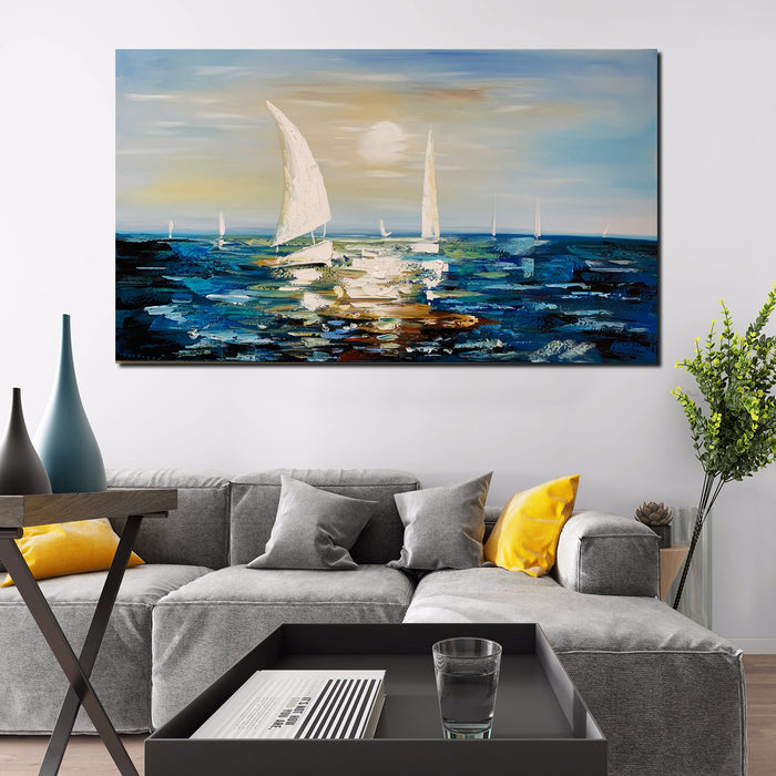 Handmade Oil Painting of Sail Boats in Blue on Stretched Canvas