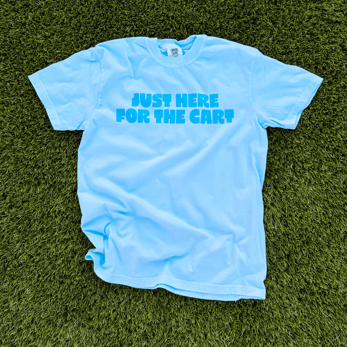 Light blue t-shirt with 'Just Here For The Car' text on grass