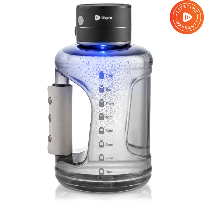 HydroLife Chug hydrogen water bottle in smoke gray with the black lifepro power cap glowing blue, a daily drinking-time scale printed on the side, and a Lifetime Warranty badge.