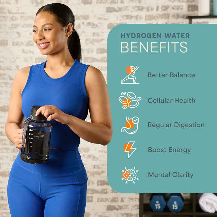 'Hydrogen Water Benefits' graphic: woman holding the closed HydroLife Chug bottle, listing better balance, cellular health, regular digestion, boosted energy, and mental clarity.