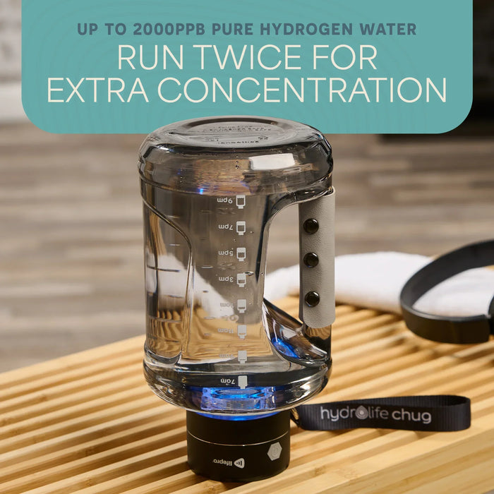 'Run twice for extra concentration' graphic: close-up of the HydroLife Chug bottle upside down on a wood bench, showing its printed hourly drinking-time scale and blue-lit base.