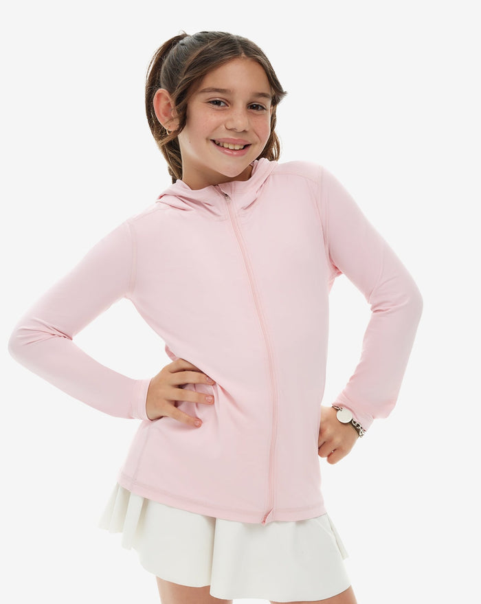 A girl wearing a pink full zip hoodie top with long sleeves, suitable for kids.