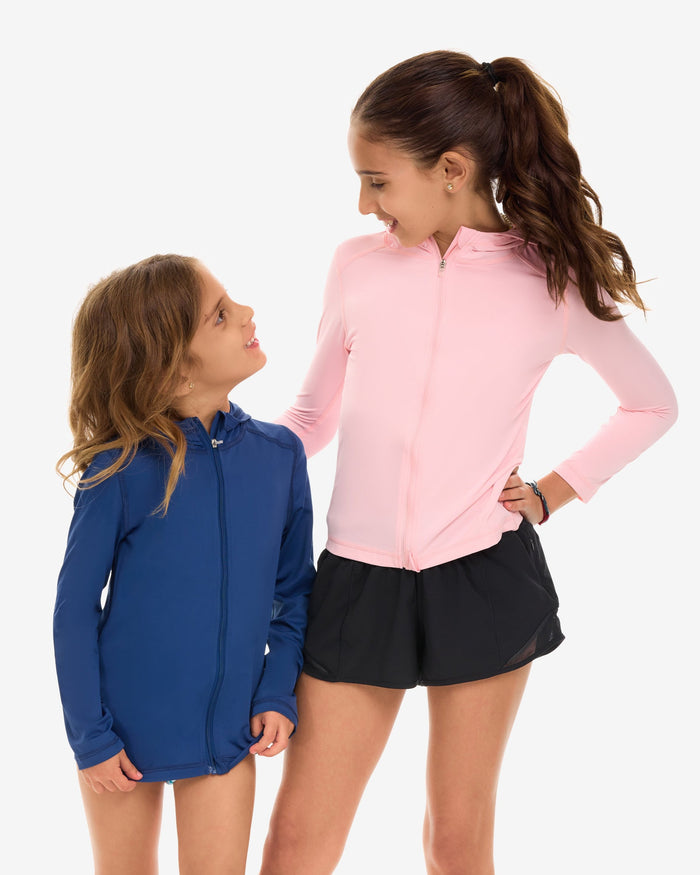 Two girls wearing a pink and blue full zip hoodie top with long sleeves, suitable for kids.