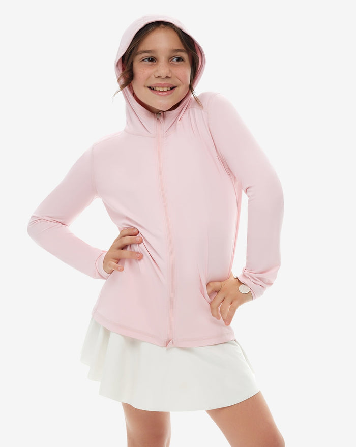 A girl wearing a pink full zip hoodie top with long sleeves, suitable for kids.