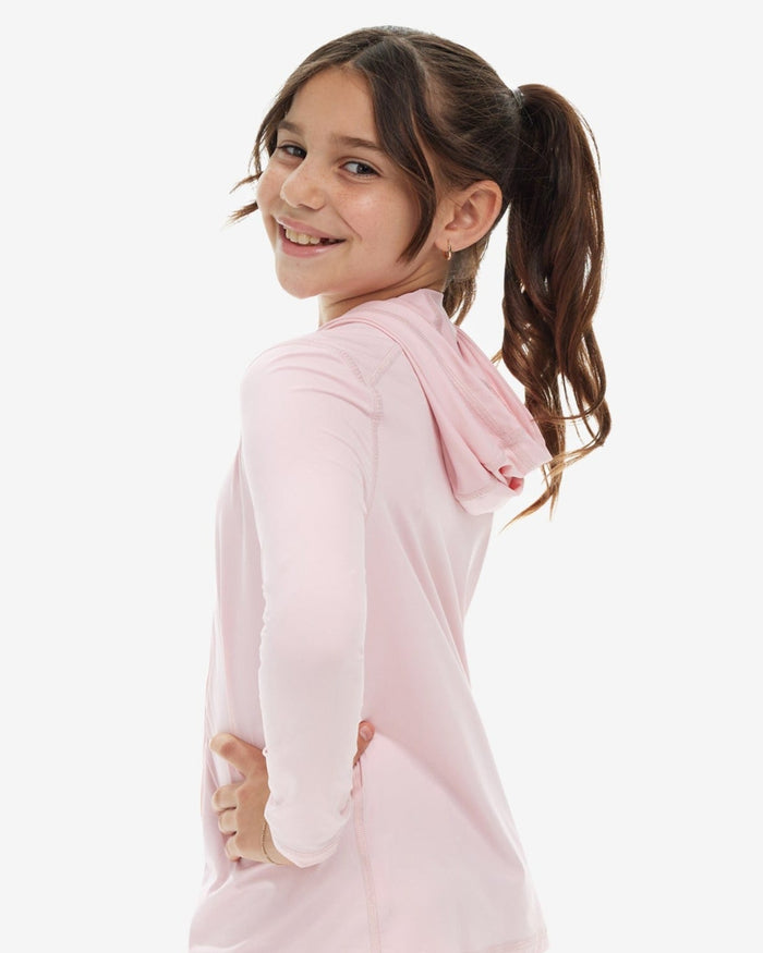 A girl wearing a pink full zip hoodie top with long sleeves, suitable for kids.