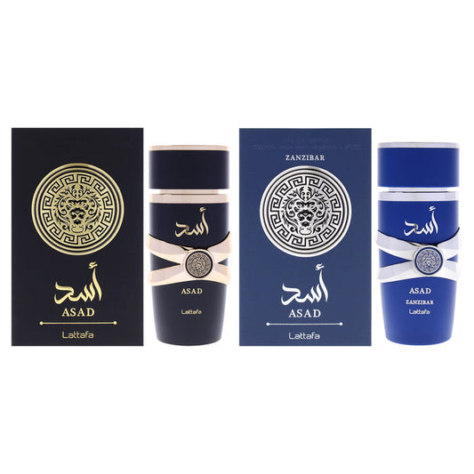 Lattafa Kit by Lattafa for Men - 2 Pc Kit 3.4oz Asad EDP Spray, 3.4oz Asad Zanzibar EDP Spray
