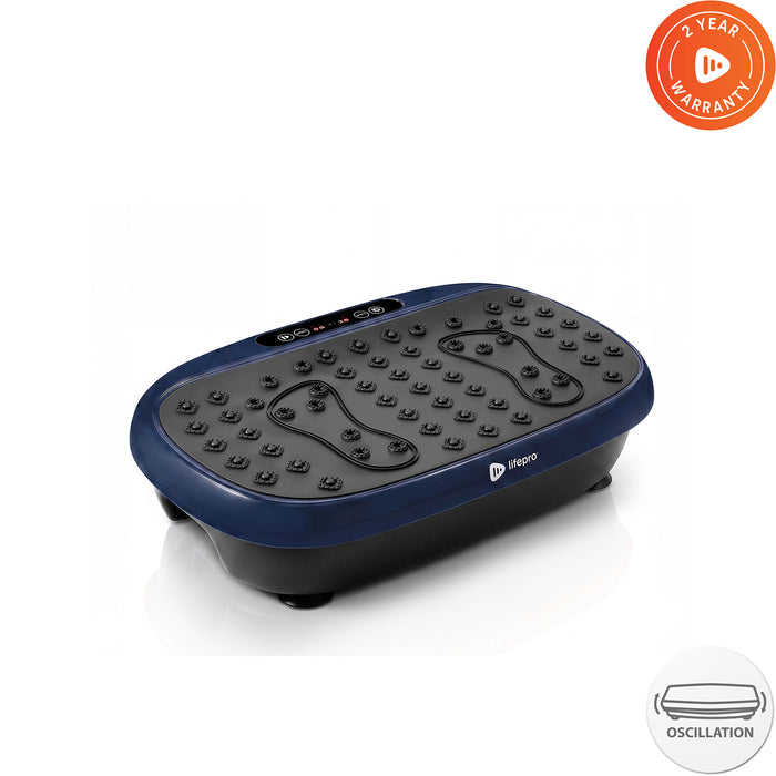 Lifepro HexaPlate Lite vibration plate in navy blue, angled studio shot with foot-shaped tread zones, LED display, and 2-Year Warranty and oscillation badges.