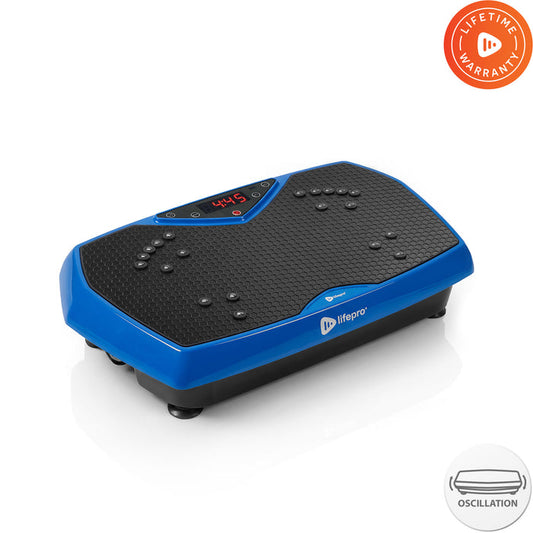Lifepro HexaPlate vibration plate in blue, angled studio shot with LED display, resistance-band anchors, and Lifetime Warranty and oscillation badges.