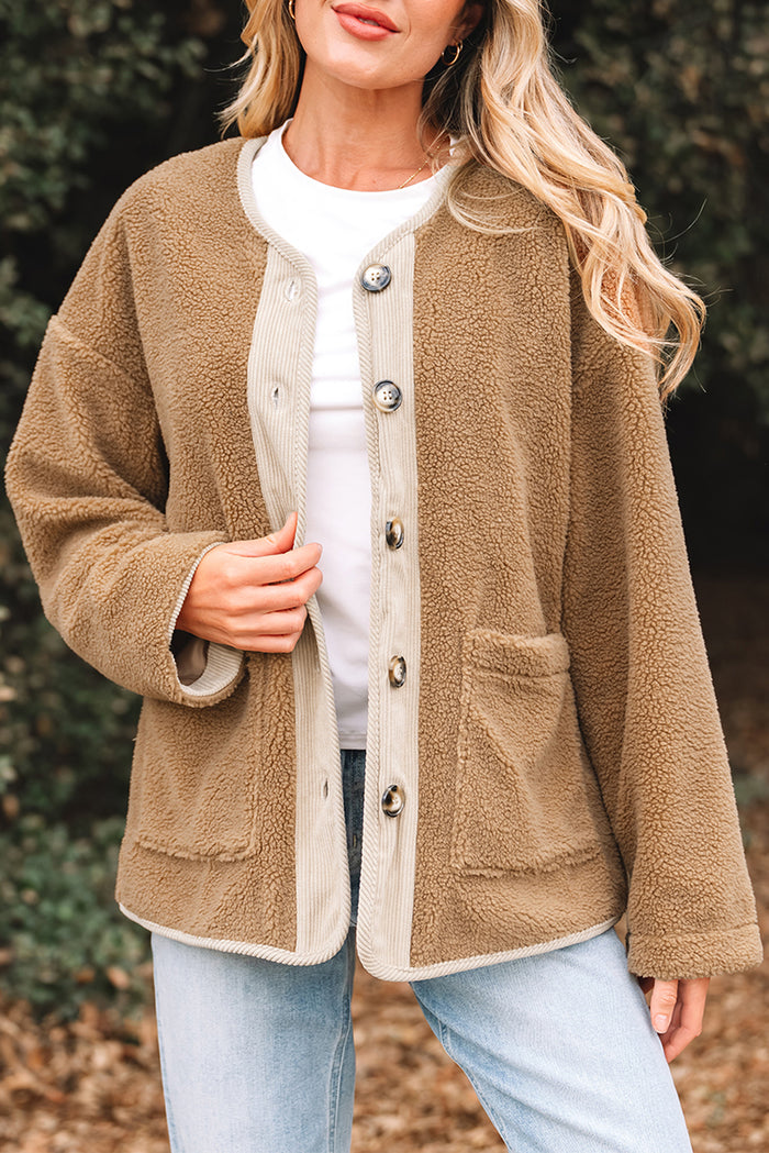 Light French Beige Puffy Plush Corduroy Edge Patchwork Jacket with Big Pockets