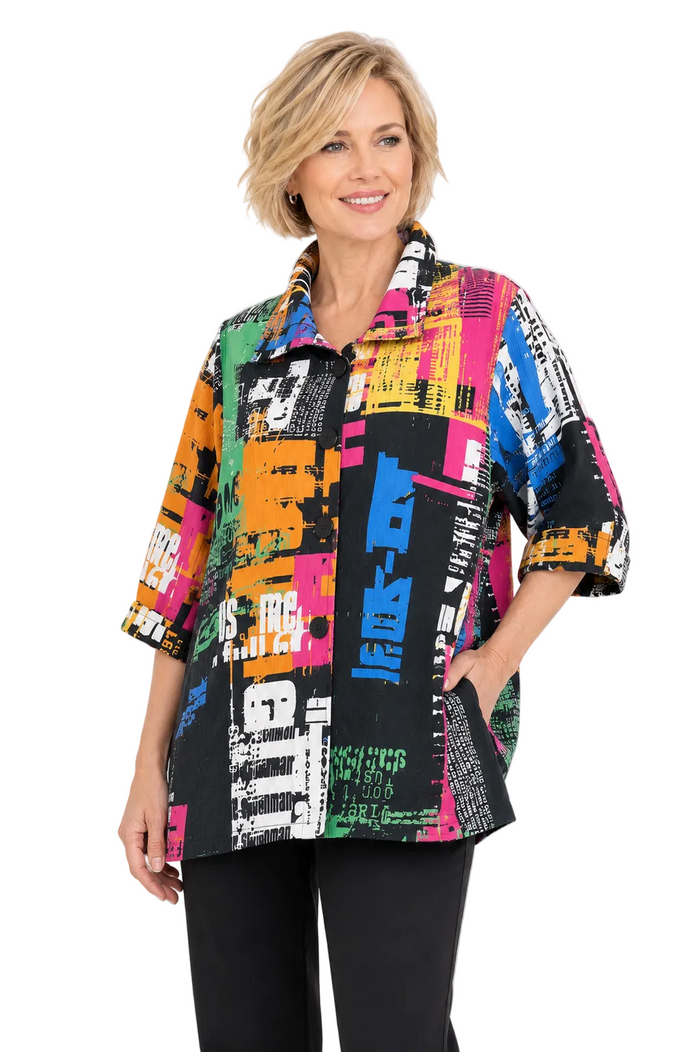 Lightweight Textured Graffiti Print Swing Jacket - 5038