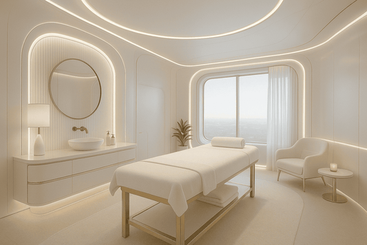 Modern white spa room with treatment bed, chairs, and decorative elements.