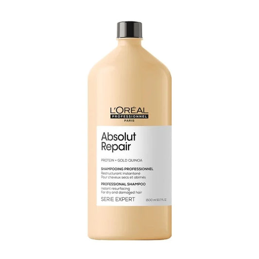 L'Oréal Paris Serie Expert Absolut Repair shampoo bottle, 1500ml, for damaged hair, with a sleek label and professional design.