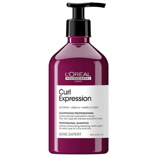 L'Oréal Professionnel Curl Expression Intense Moisturizing Cleansing Cream Shampoo 500ml bottle with label and product details.